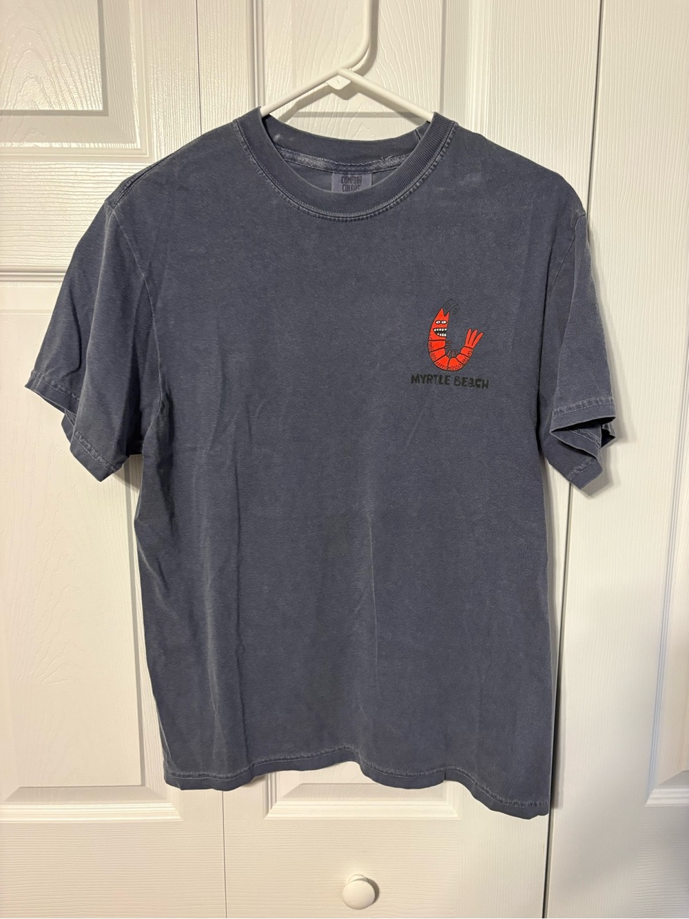 Comfort Colors Slate Blue Short-Sleeve Tee with Red Shrimp Graphic
